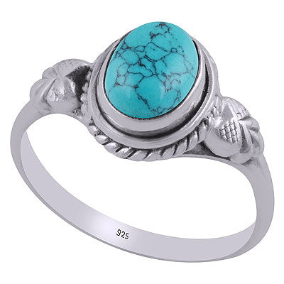 Gorgeous Textured Leaf Around Turquoise Oval Shape 925 Sterling Solid Silver Ring - R3403041-3