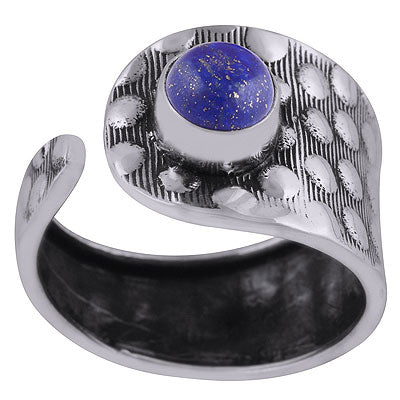 Alluring Textured Work Around Lapis Round Shape 925 Sterling Solid Silver Ring - R3403043-6