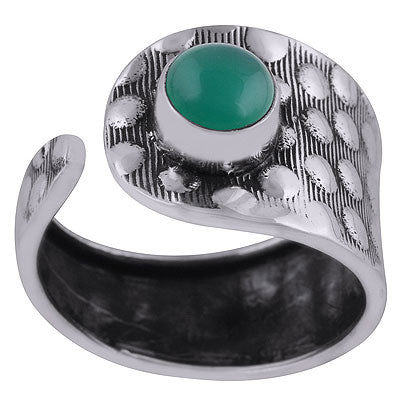Alluring Textured Work Around Green Onyx Round Shape 925 Sterling Solid Silver Ring - R3403043-8