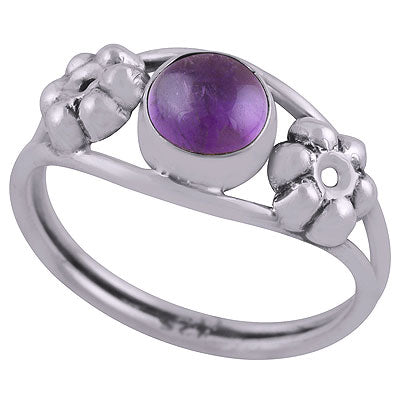 Beautiful Embossed Flower Work Around Amethyst Round Shape 925 Sterling Solid Silver Ring - R3403050-1