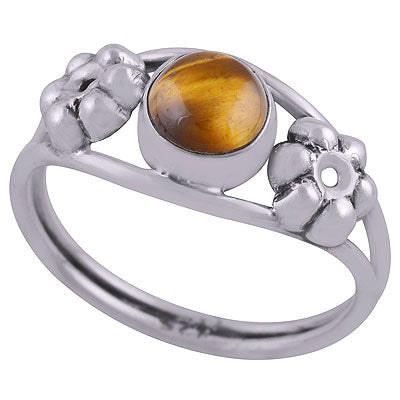 Beautiful Embossed Flower Work Around Tiger's Eye Round Shape 925 Sterling Solid Silver Ring - R3403050-12