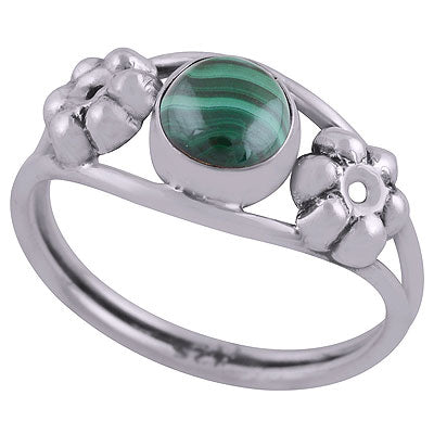 Beautiful Embossed Flower Work Around Malachite Round Shape 925 Sterling Solid Silver Ring - R3403050-13