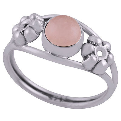 Beautiful Embossed Flower Work Around Rose Quartz Round Shape 925 Sterling Solid Silver Ring - R3403050-14