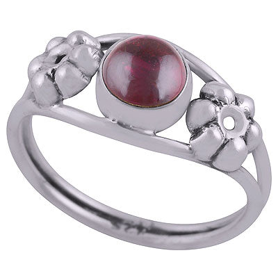 Beautiful Embossed Flower Work Around Garnet Round Shape 925 Sterling Solid Silver Ring - R3403050-2