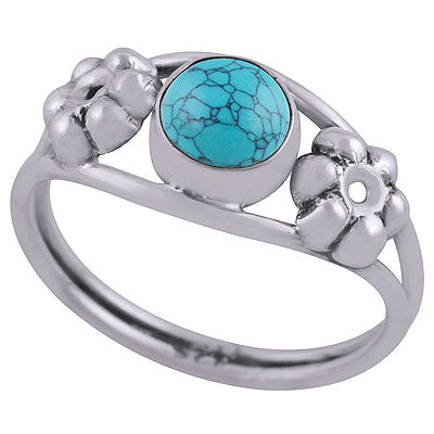 Beautiful Embossed Flower Work Around Turquoise Round Shape 925 Sterling Solid Silver Ring - R3403050-3