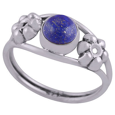 Beautiful Embossed Flower Work Around Lapis Round Shape 925 Sterling Solid Silver Ring - R3403050-6