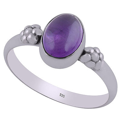 Beautiful Embossed Flower Work Around Amethyst Oval Shape 925 Sterling Solid Silver Ring - R3403056-1