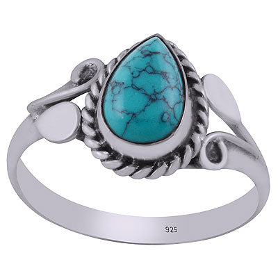 Gorgeous Handcrafted Pattern Around Turquoise Pear Shape 925 Sterling Solid Silver Ring - R3403058-3