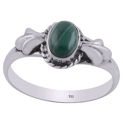 Gorgeous Leaf Embossed Work Around Malachite Oval Shape 925 Sterling Solid Silver Ring - R3403065-6