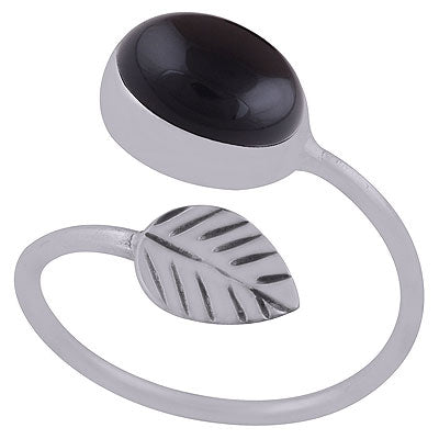 Stunning Textured Leaves Embossed Around Black Onyx Oval Shape 925 Sterling Solid Silver Ring - R3403070-13