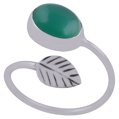 Stunning Textured Leaves Embossed Around Green Onyx Oval Shape 925 Sterling Solid Silver Ring - R3403070-8