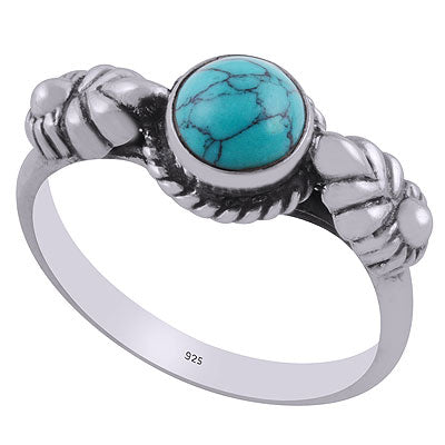 Alluring Embossed Handcrafted Work Around Turquoise Round Shape 925 Sterling Solid Silver Ring - R3403080-2