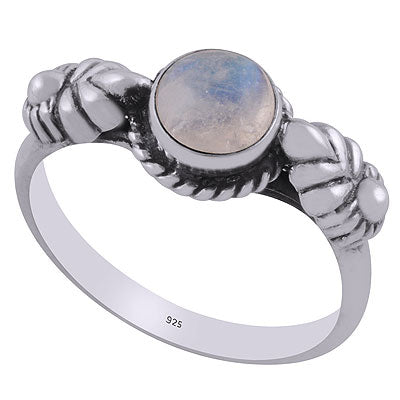 Alluring Embossed Handcrafted Work Around Rainbow Moonstone Round Shape 925 Sterling Solid Silver Ring - R3403080-3