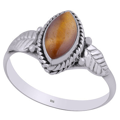 Alluring Textured Leaf Around Tiger's Eye Marquise Shape 925 Sterling Solid Silver Ring - R3403082-12