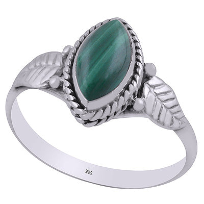 Alluring Textured Leaf Around Malachite Marquise Shape 925 Sterling Solid Silver Ring - R3403082-13