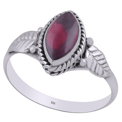 Alluring Textured Leaf Around Garnet Marquise Shape 925 Sterling Solid Silver Ring - R3403082-2