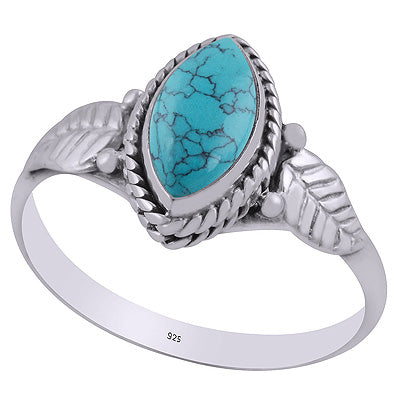 Alluring Textured Leaf Around Turquoise Marquise Shape 925 Sterling Solid Silver Ring - R3403082-3