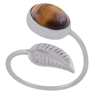 Gorgeous Textured Leaf Shank Around Tiger's Eye Oval Shape 925 Sterling Solid Silver Ring - R3403083-10
