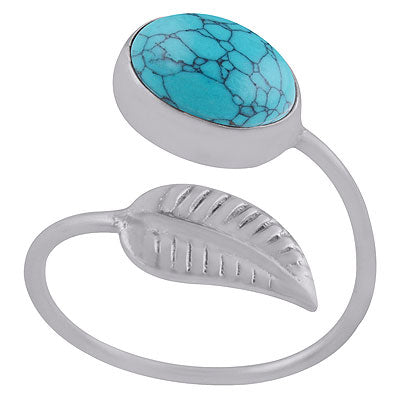 Gorgeous Textured Leaf Shank Around Turquoise Oval Shape 925 Sterling Solid Silver Ring - R3403083-3
