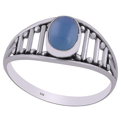Beautiful Handcrafted Pattern Around Blue Chalcedony Oval Shape 925 Sterling Solid Silver Ring - R3403085-10
