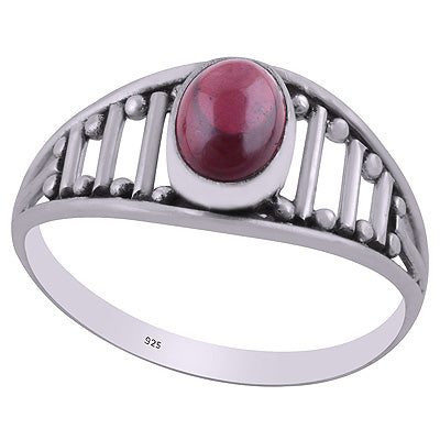 Beautiful Handcrafted Pattern Around Garnet Oval Shape 925 Sterling Solid Silver Ring - R3403085-2