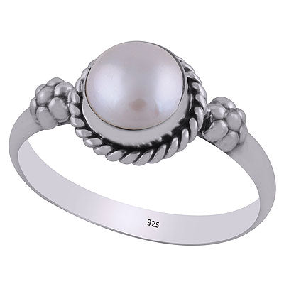 Gorgeous Embossed Flower Work Around Pearl Round Shape 925 Sterling Solid Silver Ring - R3403088-13