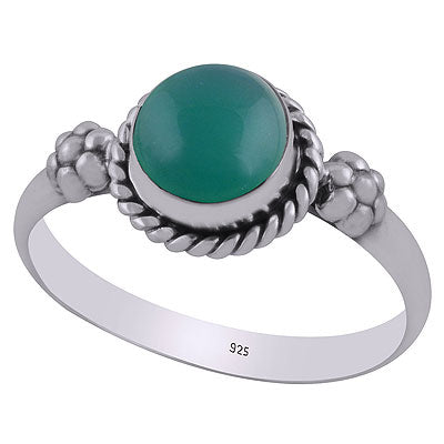 Gorgeous Embossed Flower Work Around Green Onyx Round Shape 925 Sterling Solid Silver Ring - R3403088-8