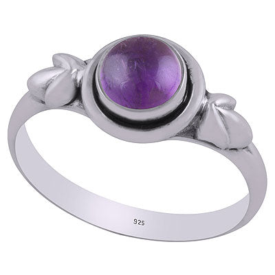 Beautiful Leaf Work Around Amethyst Round Shape 925 Sterling Solid Silver Ring - R3403095-1