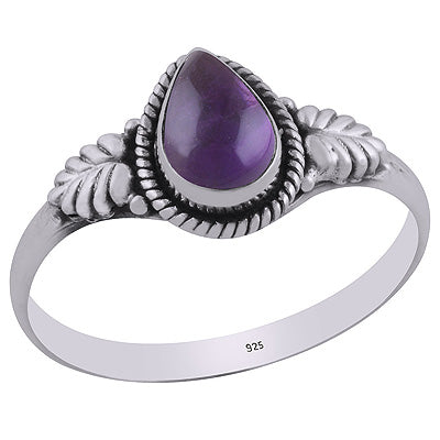 Alluring Embossed Leaf Work Around Amethyst Pear Shape 925 Sterling Solid Silver Ring - R3403097-1