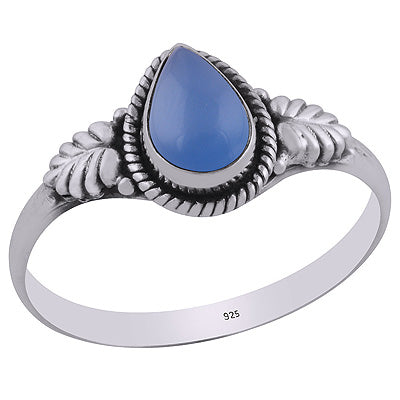 Alluring Embossed Leaf Work Around Blue Chalcedony Pear Shape 925 Sterling Solid Silver Ring - R3403097-13