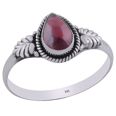 Alluring Embossed Leaf Work Around Garnet Pear Shape 925 Sterling Solid Silver Ring - R3403097-2