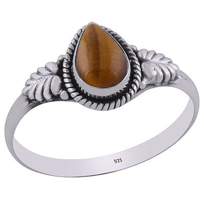 Alluring Embossed Leaf Work Around Tiger's Eye Pear Shape 925 Sterling Solid Silver Ring - R3403097-30