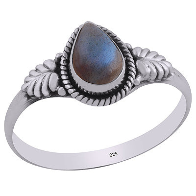 Alluring Embossed Leaf Work Around Labradorite Pear Shape 925 Sterling Solid Silver Ring - R3403097-5
