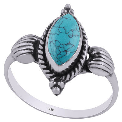 Alluring Embossed Rawa Work Around Turquoise Marquise Shape 925 Sterling Solid Silver Ring - R3403099-3