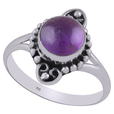 Gorgeous Oxidised Rawa Work Pattern Around Amethyst Round Shape 925 Sterling Solid Silver Ring - R3403111-1