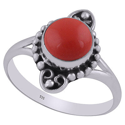 Gorgeous Oxidised Rawa Work Pattern Around Coral Round Shape 925 Sterling Solid Silver Ring - R3403111-10