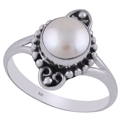 Gorgeous Oxidised Rawa Work Pattern Around Pearl Round Shape 925 Sterling Solid Silver Ring - R3403111-11