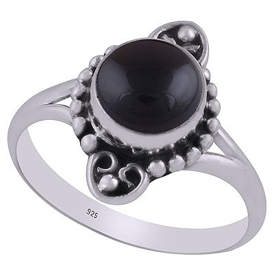 Gorgeous Oxidised Rawa Work Pattern Around Black Onyx Round Shape 925 Sterling Solid Silver Ring - R3403111-12