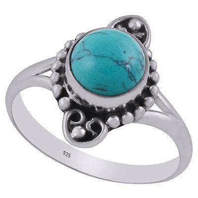 Gorgeous Oxidised Rawa Work Pattern Around Turquoise Round Shape 925 Sterling Solid Silver Ring - R3403111-2