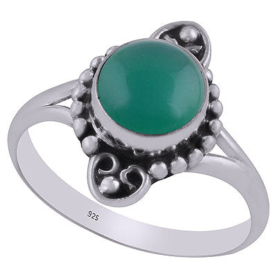 Gorgeous Oxidised Rawa Work Pattern Around Green Onyx Round Shape 925 Sterling Solid Silver Ring - R3403111-6