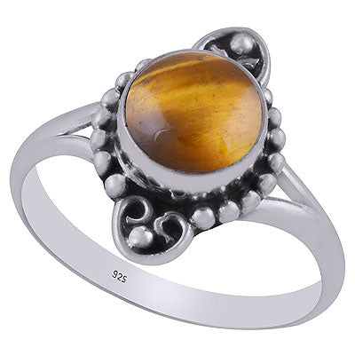 Gorgeous Oxidised Rawa Work Pattern Around Tiger's Eye Round Shape 925 Sterling Solid Silver Ring - R3403111-7