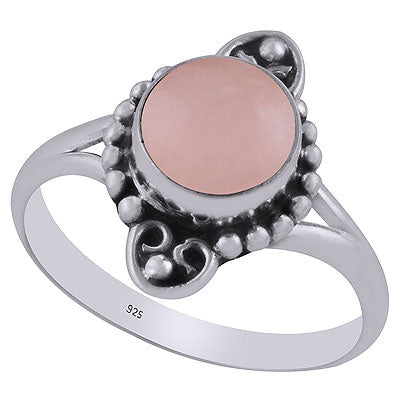 Gorgeous Oxidised Rawa Work Pattern Around Rose Quartz Round Shape 925 Sterling Solid Silver Ring - R3403111-9