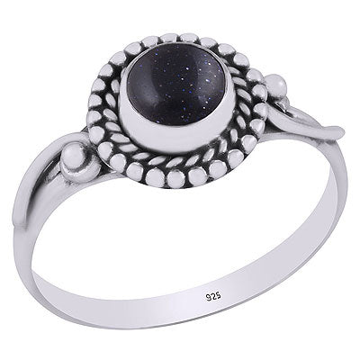 Beautiful Handcrafted Rawa, Wire Work Around Blue Sun Stone Round Shape 925 Sterling Solid Silver Ring - R3403140-8