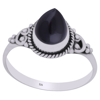 Beautifully Handcrafted Twisted Wire Work Around Black Onyx Pear Shape 925 Sterling Solid Silver Ring - R3403143-10