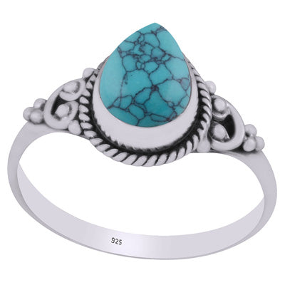 Beautifully Handcrafted Twisted Wire Work Around Turquoise Pear Shape 925 Sterling Solid Silver Ring - R3403143-3