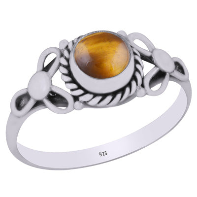 Alluring Handcrafted Pattern Around Tiger's Eye Round Shape 925 Sterling Solid Silver Ring - R3403151-18
