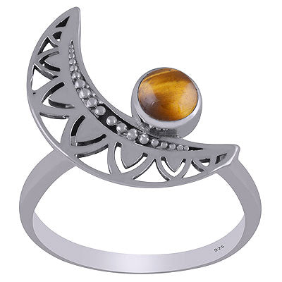 Gorgeous Crescent Moon Around Tiger's Eye Round Shape 925 Sterling Solid Silver Ring - R3403159-41