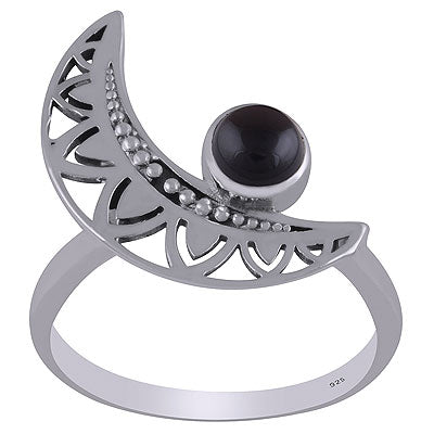 Gorgeous Crescent Moon Around Black Onyx Round Shape 925 Sterling Solid Silver Ring - R3403159-43
