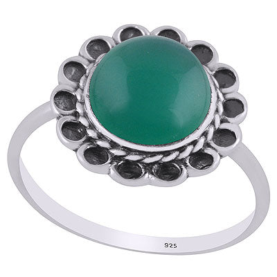 Stunning Oxidised Flower Around Green Onyx Round Shape 925 Sterling Solid Silver Ring - R3403188-10