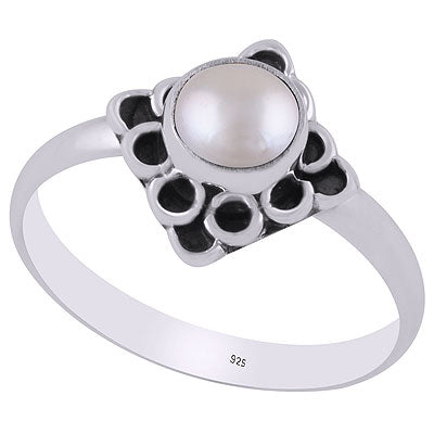 Gorgeous Oxidised Pattern Around Pearl Round Shape 925 Sterling Solid Silver Ring - R3403199-10